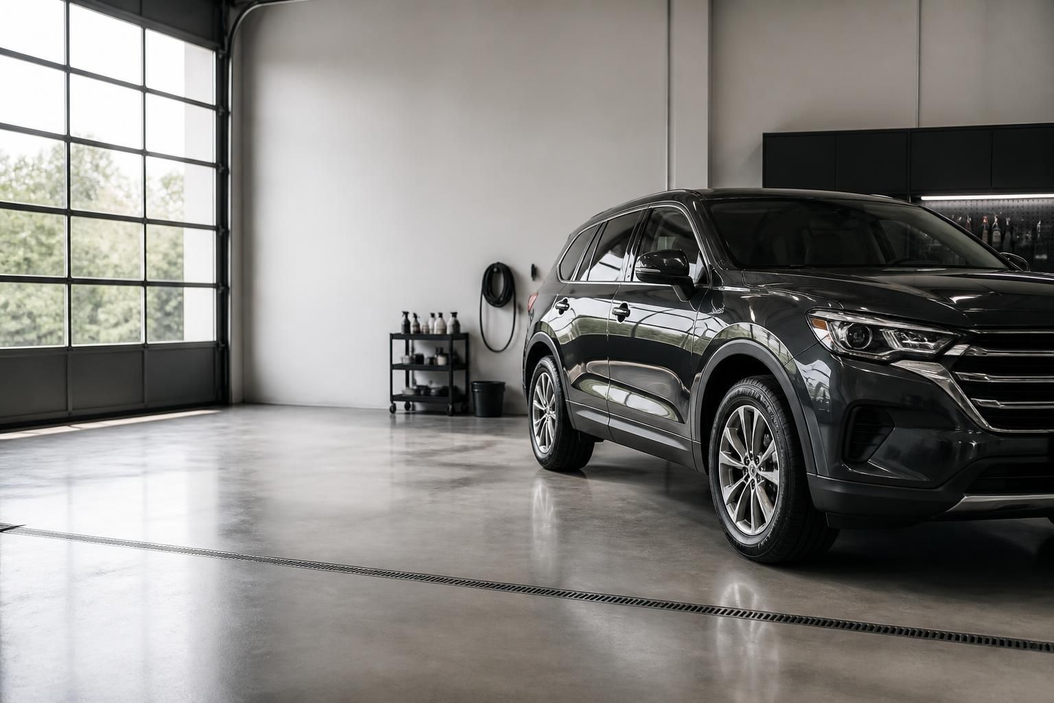 A gleaming car in a clean detailing bay with open space.