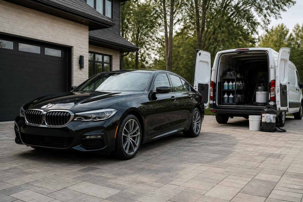 A freshly detailed sedan beside a mobile detailing van in daylight.